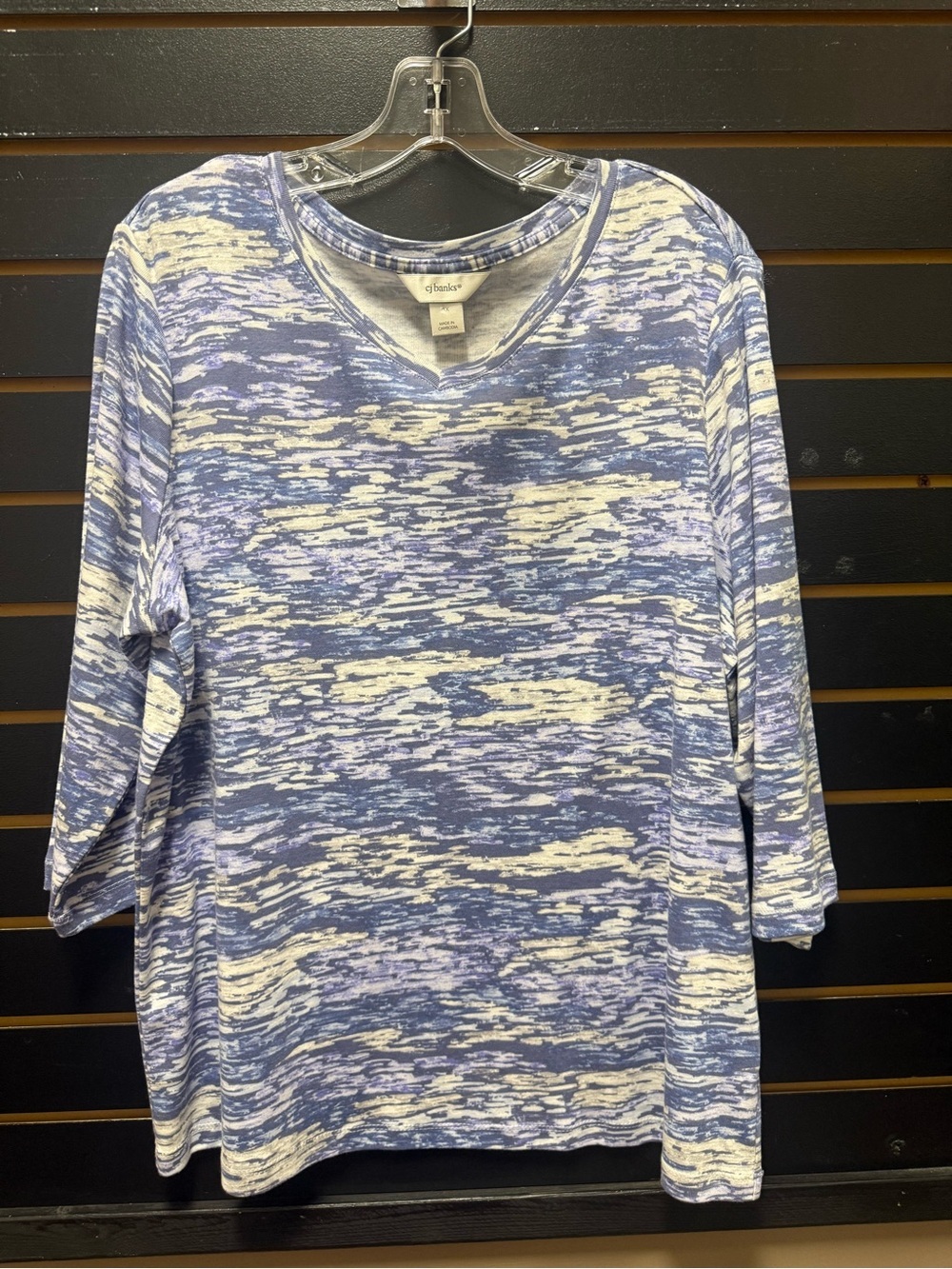 CJ Banks Blue White Abstract Print 3/4 Sleeve Top 1X